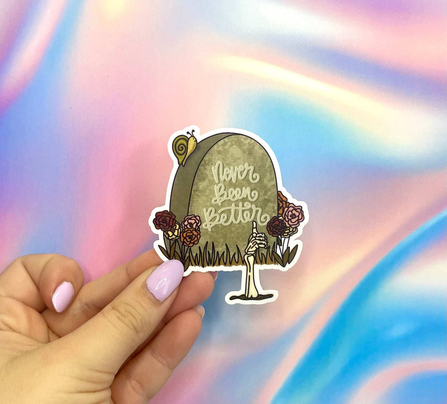 Never Been Better Tombstone Graveyard Halloween Fall Sticker Skeleton Hand Thumbs Up Fall Flowers Cartoon Waterproof Vinyl Decal