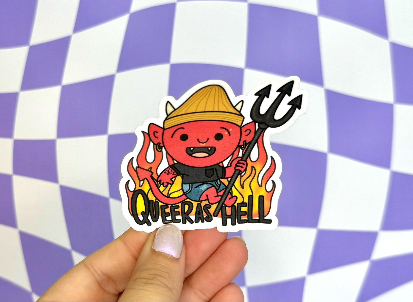 Queer As Hell Pride Devil Nonbinary Gay Lesbian Tattoos Beanie Rainbow Sticker LGBTQ+ Pride Month Vinyl Gift