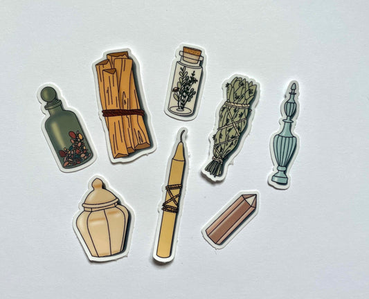 Apothecary Mini Sticker Set Palo Santo Crystal Vintage Bottles Smudge Stick Ritual Candle Witchy Vinyl Decal Bundle 8 Pack