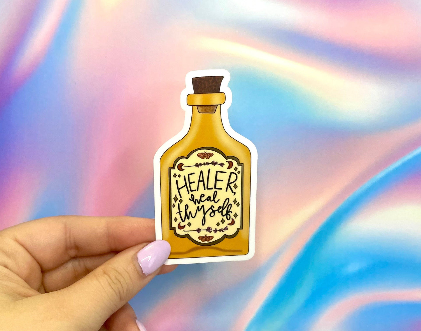 Healer, Heal Thyself Vintage Bottle Sticker Cute Witchy Vinyl Decal for Mental Health Healers