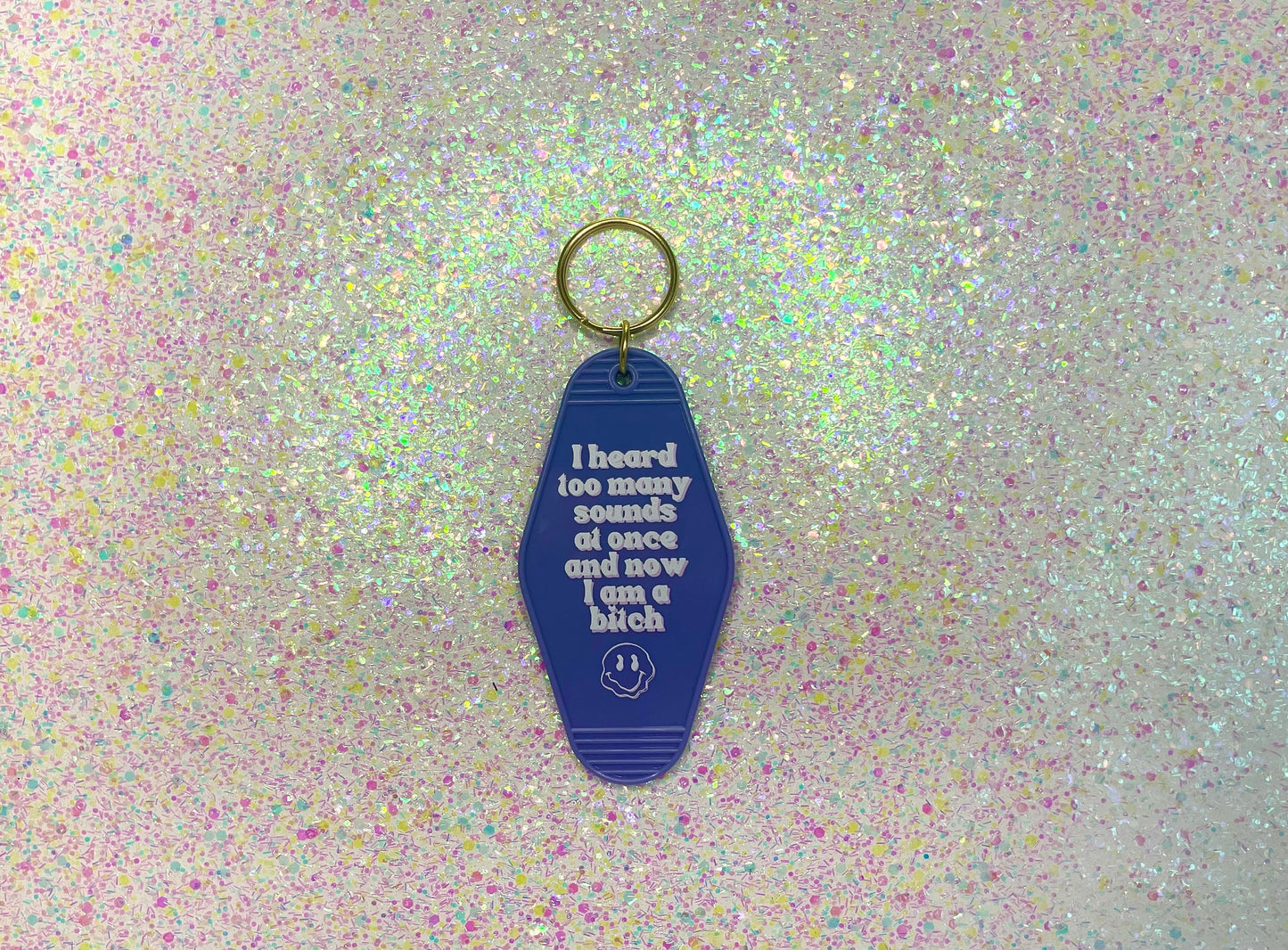 Overstimulated ADHD Too Many Sounds Hotel Keychain Neurodivergent Mental Health Purple Blue Gift Keyring